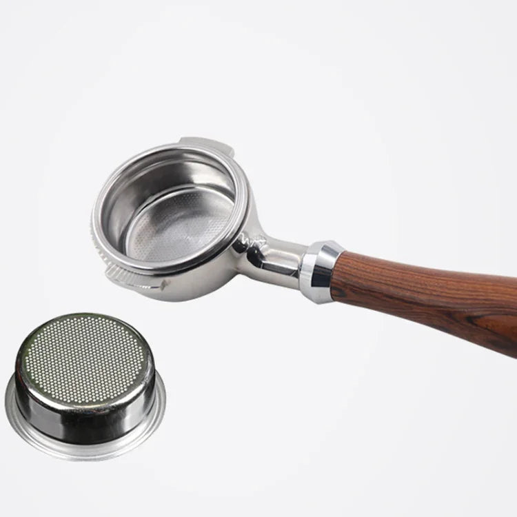 Support filtre pour machine à café en acier inoxydable avec poignée en bois sans fond, filtre pour machine à café