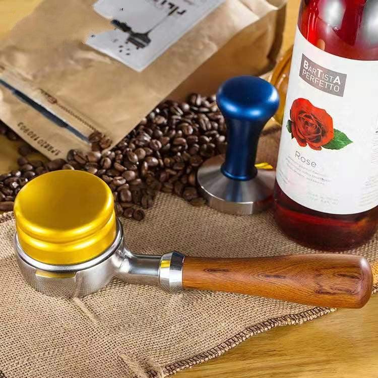 Support filtre pour machine à café en acier inoxydable avec poignée en bois sans fond, filtre pour machine à café