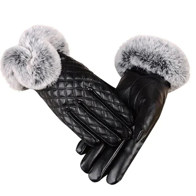 Gants en cuir PU pour femmes Imitation fourrure de lapin Gants épais et chauds pour l'hiver et l'automne