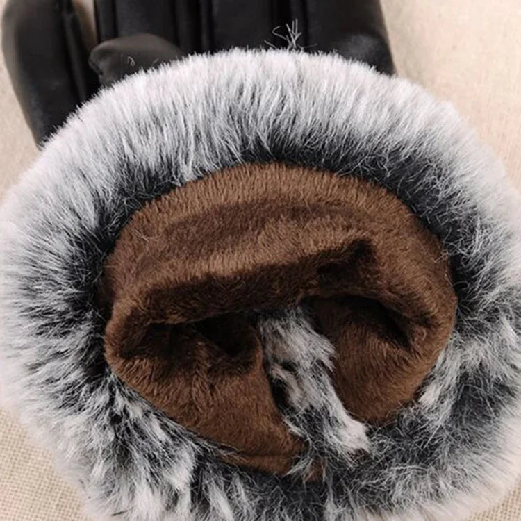 Gants en cuir PU pour femmes Imitation fourrure de lapin Gants épais et chauds pour l'hiver et l'automne
