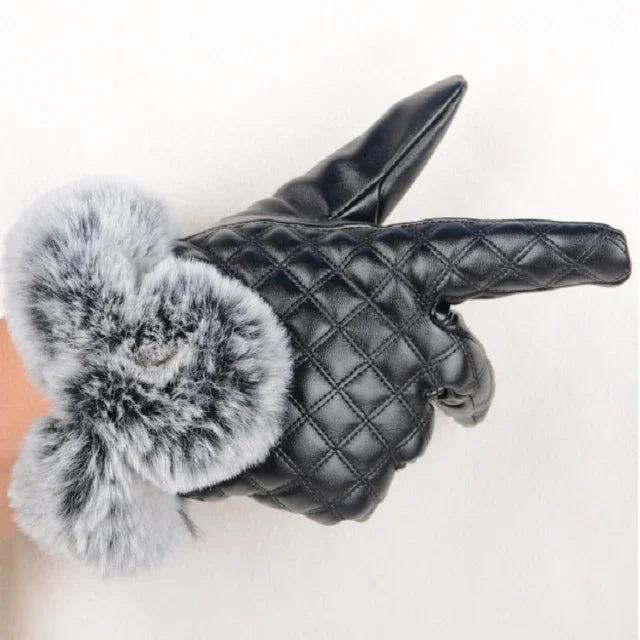 Gants en cuir PU pour femmes Imitation fourrure de lapin Gants épais et chauds pour l'hiver et l'automne