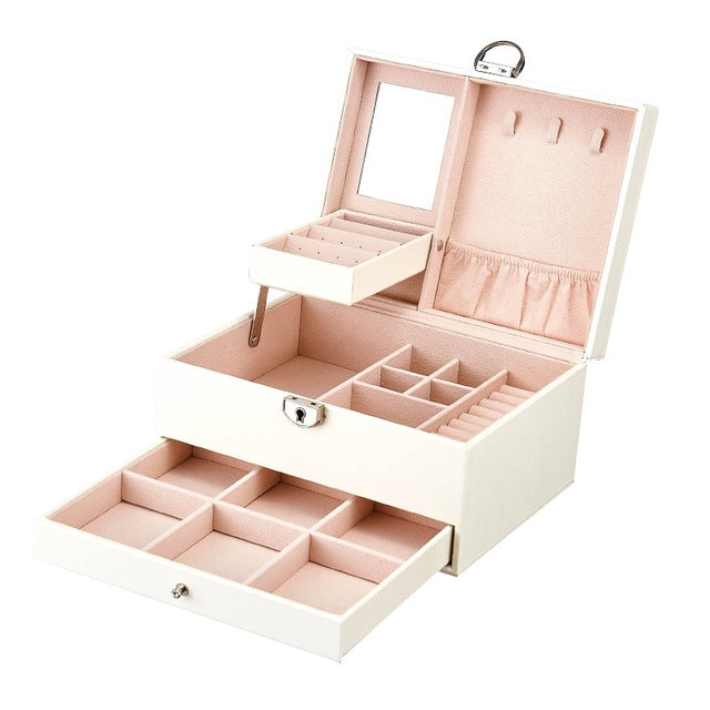 Boîte de rangement multifonctionnelle, boîte à bijoux en cuir, organisateur de bijoux multicouche de grande capacité