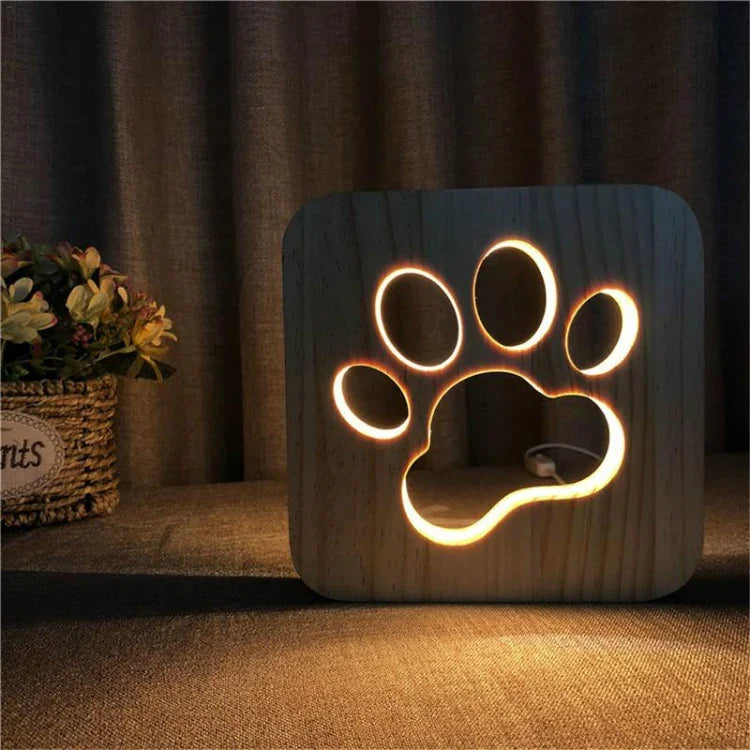 Creative Shape Wooden Night Lamp Bedroom Decoration Warm Light LED, Bones, Cat Paw, Dog, Wolve