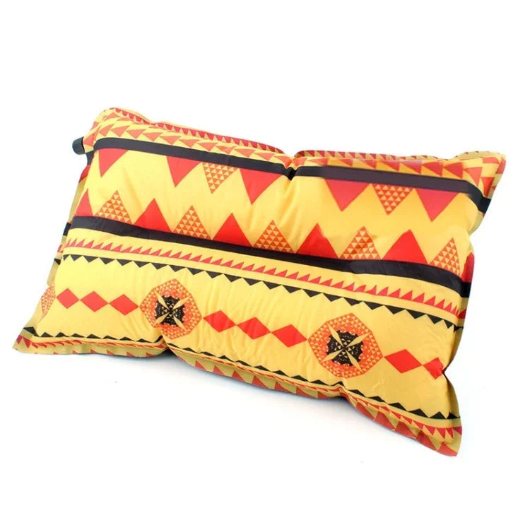 Oreillers gonflables automatiques portables style ethnique équipement de camping extérieur tente oreillers de voyage voiture, rayures bleu marine, rayures orange, impression rouge jaune, impression gris bleu