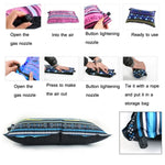 Oreillers gonflables automatiques portables style ethnique équipement de camping extérieur tente oreillers de voyage voiture, rayures bleu marine, rayures orange, impression rouge jaune, impression gris bleu