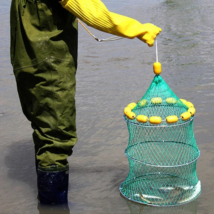 Filet de pêche à flottabilité extérieure, filet de pêche portatif pliable à 3 cercles, cage à poissons, filet de pêche en mer multi-flotteurs, filet de pêche à flottabilité
