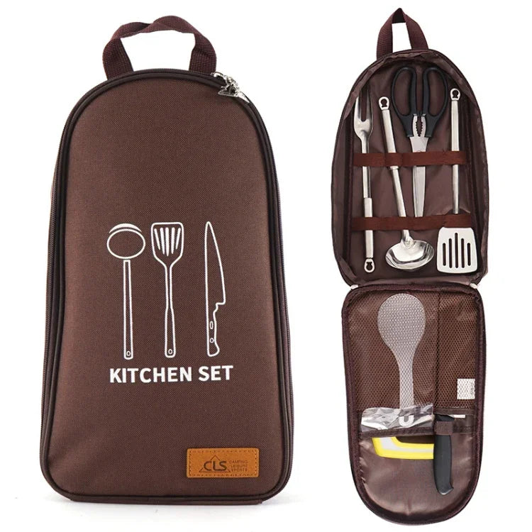 Ensemble de cuisine 7-en-1 CLS en acier inoxydable 201 pour extérieur, vaisselle de pique-nique portable, sac à main, sac de pique-nique, 7 en 1 café, motif triangulaire 7 en 1