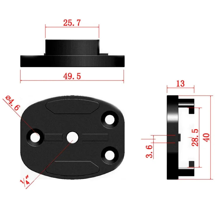 Base de trépied à dégagement rapide en aluminium à 4 trous pour caméra sportive, noire, avec écrou intégré noir.