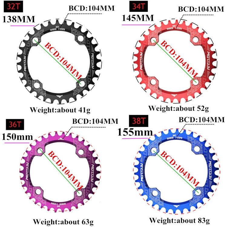 Plateaux MOTSUV ronds étroits larges pour VTT 104BCD, pièces de plaque dentée, disque 32T, disque 34T, disque 36T, disque 38T, plateau elliptique 32T, plateau elliptique 34T, plateau elliptique 36T, plateau elliptique 38T