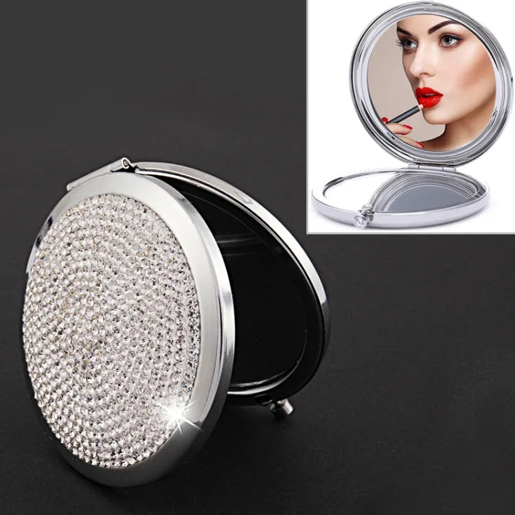 Miroir de maquillage rond, mini, portable, pliable des deux côtés, en métal incrusté de diamants, blanc, rouge, rose, bleu ciel, vert, couleur blanc, noir brillant