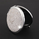 Miroir de maquillage rond, mini, portable, pliable des deux côtés, en métal incrusté de diamants, blanc, rouge, rose, bleu ciel, vert, couleur blanc, noir brillant