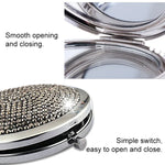 Miroir de maquillage rond, mini, portable, pliable des deux côtés, en métal incrusté de diamants, blanc, rouge, rose, bleu ciel, vert, couleur blanc, noir brillant