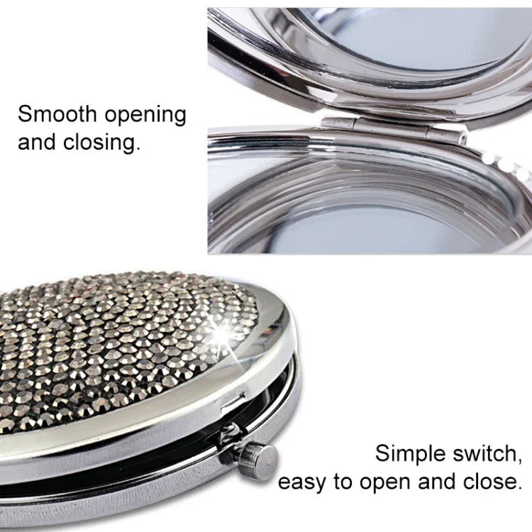 Miroir de maquillage rond, mini, portable, pliable des deux côtés, en métal incrusté de diamants, blanc, rouge, rose, bleu ciel, vert, couleur blanc, noir brillant