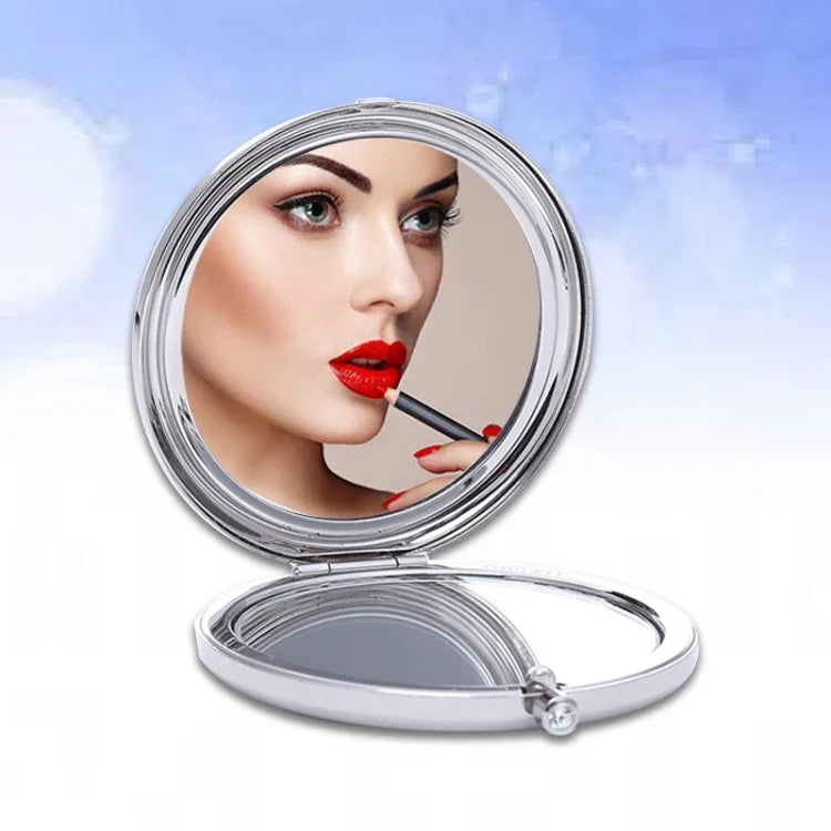 Miroir de maquillage rond, mini, portable, pliable des deux côtés, en métal incrusté de diamants, blanc, rouge, rose, bleu ciel, vert, couleur blanc, noir brillant