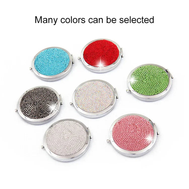 Miroir de maquillage rond, mini, portable, pliable des deux côtés, en métal incrusté de diamants, blanc, rouge, rose, bleu ciel, vert, couleur blanc, noir brillant