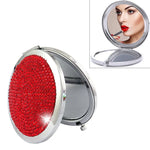 Miroir de maquillage rond, mini, portable, pliable des deux côtés, en métal incrusté de diamants, blanc, rouge, rose, bleu ciel, vert, couleur blanc, noir brillant