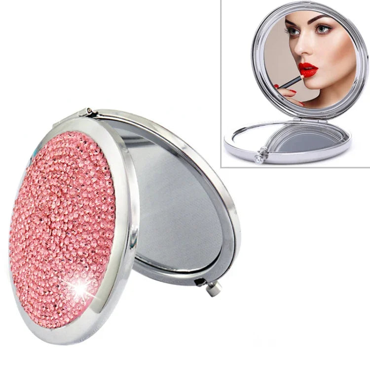 Miroir de maquillage rond, mini, portable, pliable des deux côtés, en métal incrusté de diamants, blanc, rouge, rose, bleu ciel, vert, couleur blanc, noir brillant