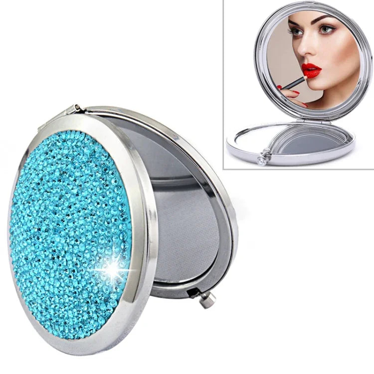 Miroir de maquillage rond, mini, portable, pliable des deux côtés, en métal incrusté de diamants, blanc, rouge, rose, bleu ciel, vert, couleur blanc, noir brillant