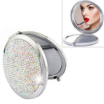 Miroir de maquillage rond, mini, portable, pliable des deux côtés, en métal incrusté de diamants, blanc, rouge, rose, bleu ciel, vert, couleur blanc, noir brillant