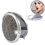 Miroir de maquillage rond, mini, portable, pliable des deux côtés, en métal incrusté de diamants, blanc, rouge, rose, bleu ciel, vert, couleur blanc, noir brillant