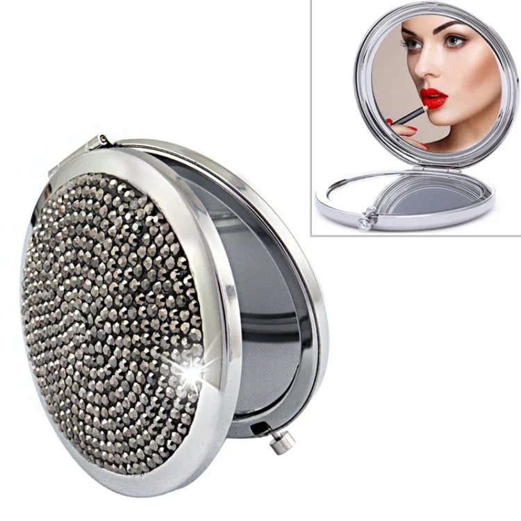Miroir de maquillage rond, mini, portable, pliable des deux côtés, en métal incrusté de diamants, blanc, rouge, rose, bleu ciel, vert, couleur blanc, noir brillant
