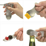 Cuillère multifonctionnelle de camping en plein air, couverts en acier inoxydable, vaisselle portable pour pique-nique, fourchette et cuillère, gris clair, noir