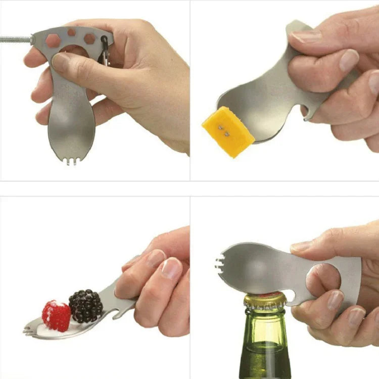 Cuillère multifonctionnelle de camping en plein air, couverts en acier inoxydable, vaisselle portable pour pique-nique, fourchette et cuillère, gris clair, noir