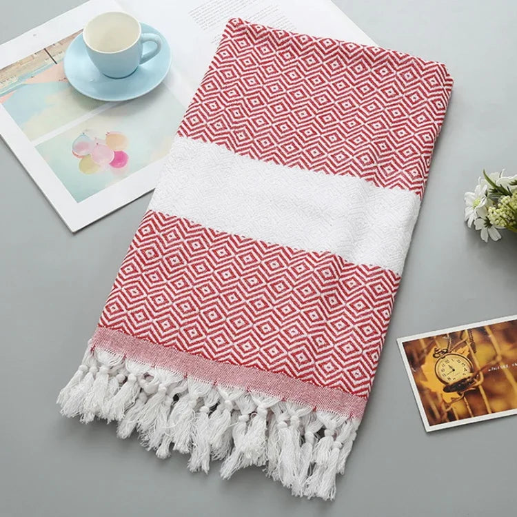 Serviette de Bain en Coton Rayée avec Franges Fine pour Voyage Camping Bain Sauna Plage Gym Piscine, Absorbante et Facile d'Entretien