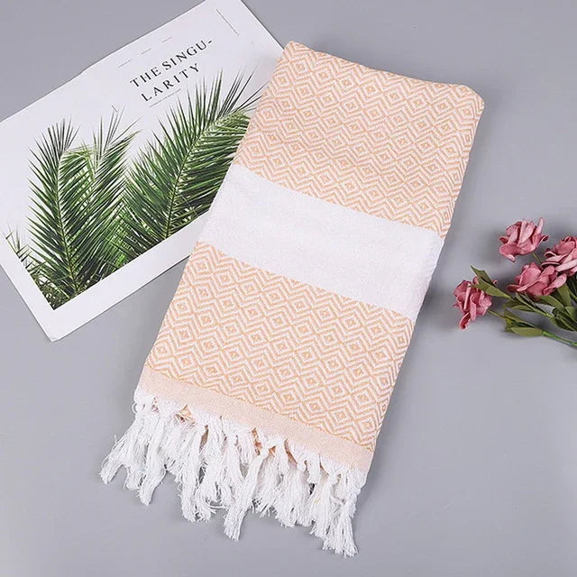 Serviette de Bain en Coton Rayée avec Franges Fine pour Voyage Camping Bain Sauna Plage Gym Piscine, Absorbante et Facile d'Entretien