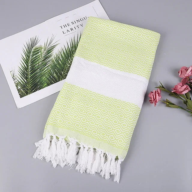 Serviette de Bain en Coton Rayée avec Franges Fine pour Voyage Camping Bain Sauna Plage Gym Piscine, Absorbante et Facile d'Entretien