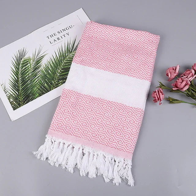 Serviette de Bain en Coton Rayée avec Franges Fine pour Voyage Camping Bain Sauna Plage Gym Piscine, Absorbante et Facile d'Entretien