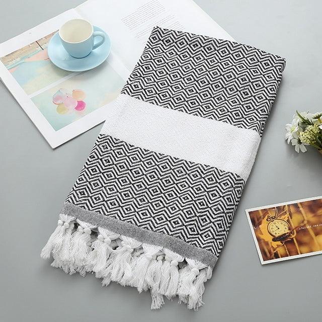 Serviette de Bain en Coton Rayée avec Franges Fine pour Voyage Camping Bain Sauna Plage Gym Piscine, Absorbante et Facile d'Entretien