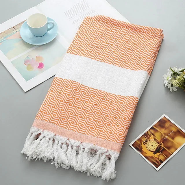 Serviette de Bain en Coton Rayée avec Franges Fine pour Voyage Camping Bain Sauna Plage Gym Piscine, Absorbante et Facile d'Entretien