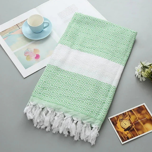Serviette de Bain en Coton Rayée avec Franges Fine pour Voyage Camping Bain Sauna Plage Gym Piscine, Absorbante et Facile d'Entretien
