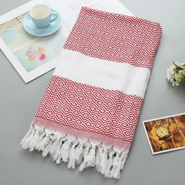 Serviette de Bain en Coton Rayée avec Franges Fine pour Voyage Camping Bain Sauna Plage Gym Piscine, Absorbante et Facile d'Entretien