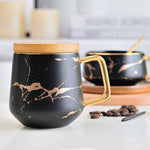 Tasse à café en céramique Marble Matte Gold Series avec couvercle ou plateau en bois