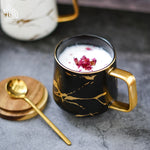 Tasse à café en céramique Marble Matte Gold Series avec couvercle ou plateau en bois