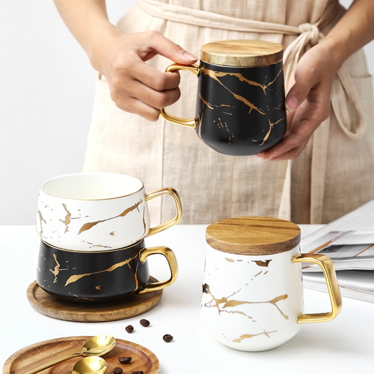 Tasse à café en céramique Marble Matte Gold Series avec couvercle ou plateau en bois