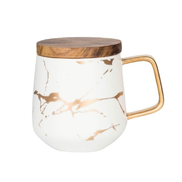 Tasse à café en céramique Marble Matte Gold Series avec couvercle ou plateau en bois