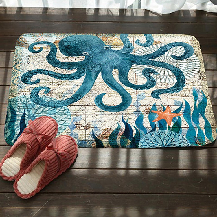 Tapis de sol antidérapant absorbant en flanelle pour toilettes de salle de bain à motif série marine, 46x76cm, 50x80cm