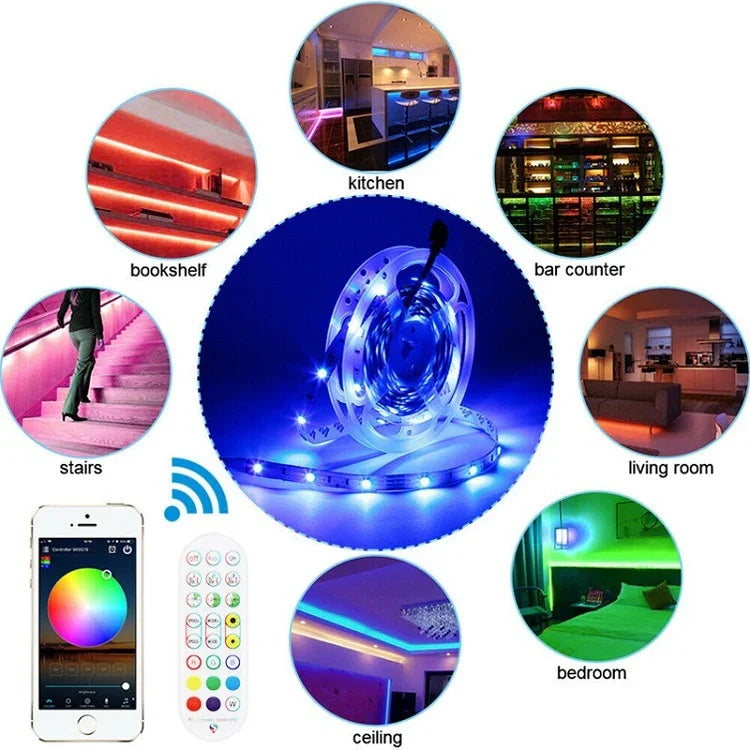 Kit Bluetooth bande lumineuse intelligente à contrôle sonore, non étanche, 5050 RGB bande LED d'ambiance colorée avec télécommande 24 touches, 5M 150 LED, 5M 300 LED, 10M 300 LED, 10M 600 LED, 15M 450 LED, 15M 270 LED, 20M 360 LED, 30M 540 LED