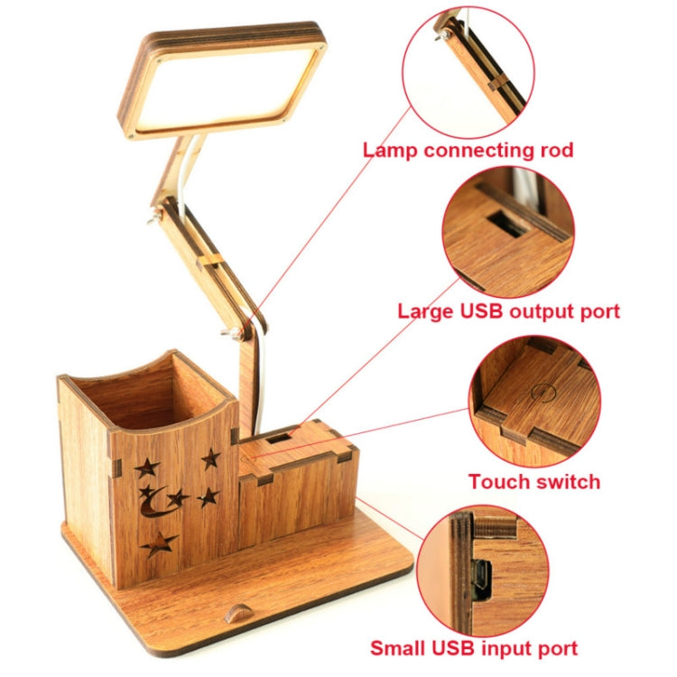 Lampe de Bureau Multifonctionnelle en Bois avec Support de Stylo Tactile USB, Lampe de Lecture Rechargeable pour Étudiants avec Protection Oculaire LED, Branchement USB sans Batterie, Recharge USB avec Batterie Intégrée