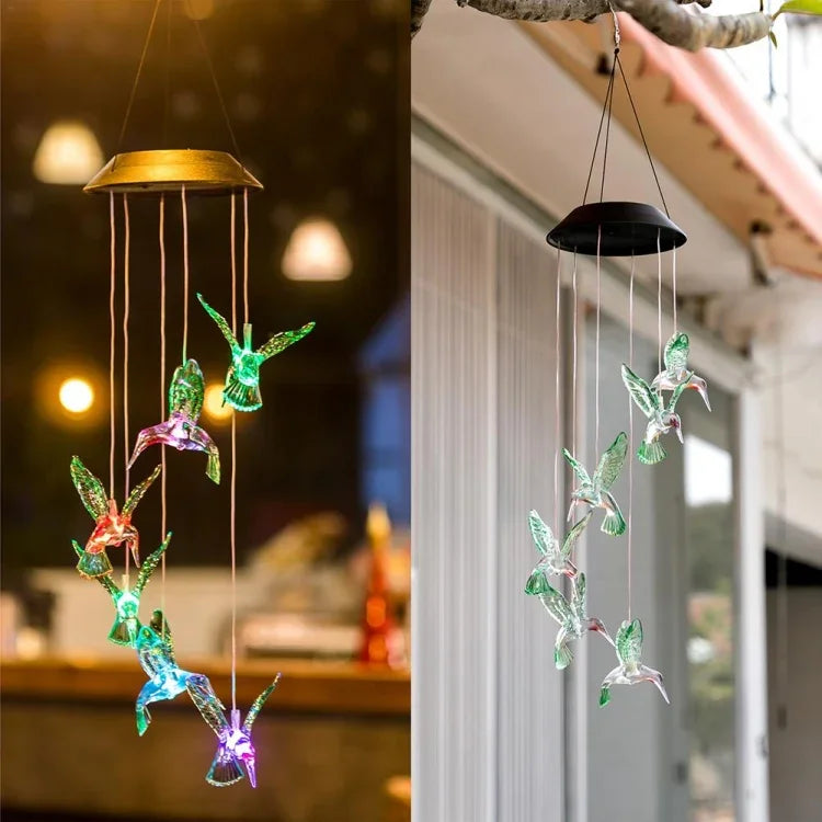 Carillon éolien solaire LED créatif en forme de colibri, sept couleurs, colibri