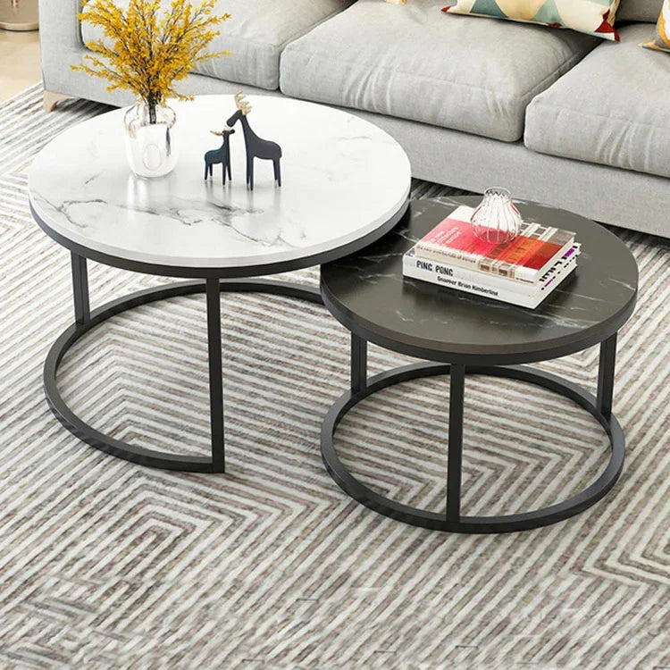 Table basse deux-en-un en fer forgé, table simple moderne combinée, petite table ronde, texture blanche + texture noire, blanc + noir, marbre blanc, combinaison blanche, texture noire + texture blanche, noir + blanc, marbre noir, combinaison noire