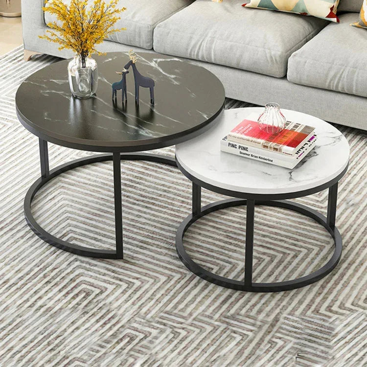 Table basse deux-en-un en fer forgé, table simple moderne combinée, petite table ronde, texture blanche + texture noire, blanc + noir, marbre blanc, combinaison blanche, texture noire + texture blanche, noir + blanc, marbre noir, combinaison noire