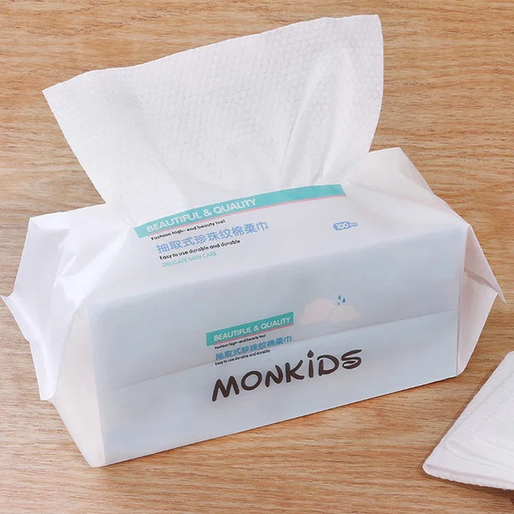 Serviette faciale jetable MONKIDS KS037 en coton pur, serviette de nettoyage épaissie à texture perle, 100 feuilles