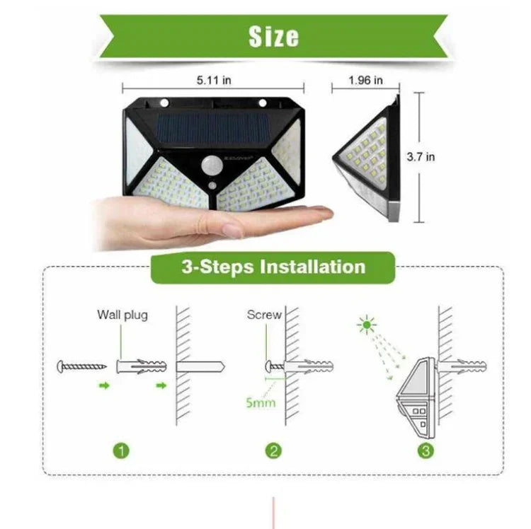 Lampe murale solaire à induction 100 LED pour patio extérieur, éclairage de balcon et jardin réglable, petite lampe de rue, 1 pièce 100 LED, 2 pièces 100 LED
