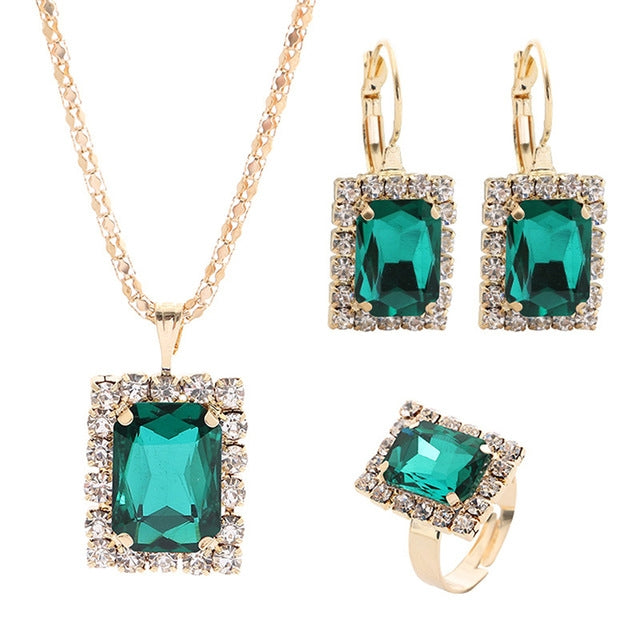Parures de bijoux pour femmes avec collier, boucles d'oreilles et bague en cristal carré, rouge, vert, noir, blanc, bleu roi, bleu lagon