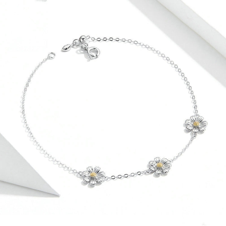 Bracelet en argent sterling S925 plaqué platine, mignon motif marguerite, marguerite