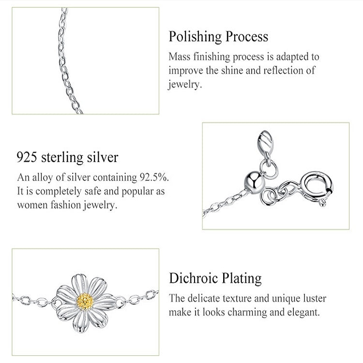 Bracelet en argent sterling S925 plaqué platine, mignon motif marguerite, marguerite